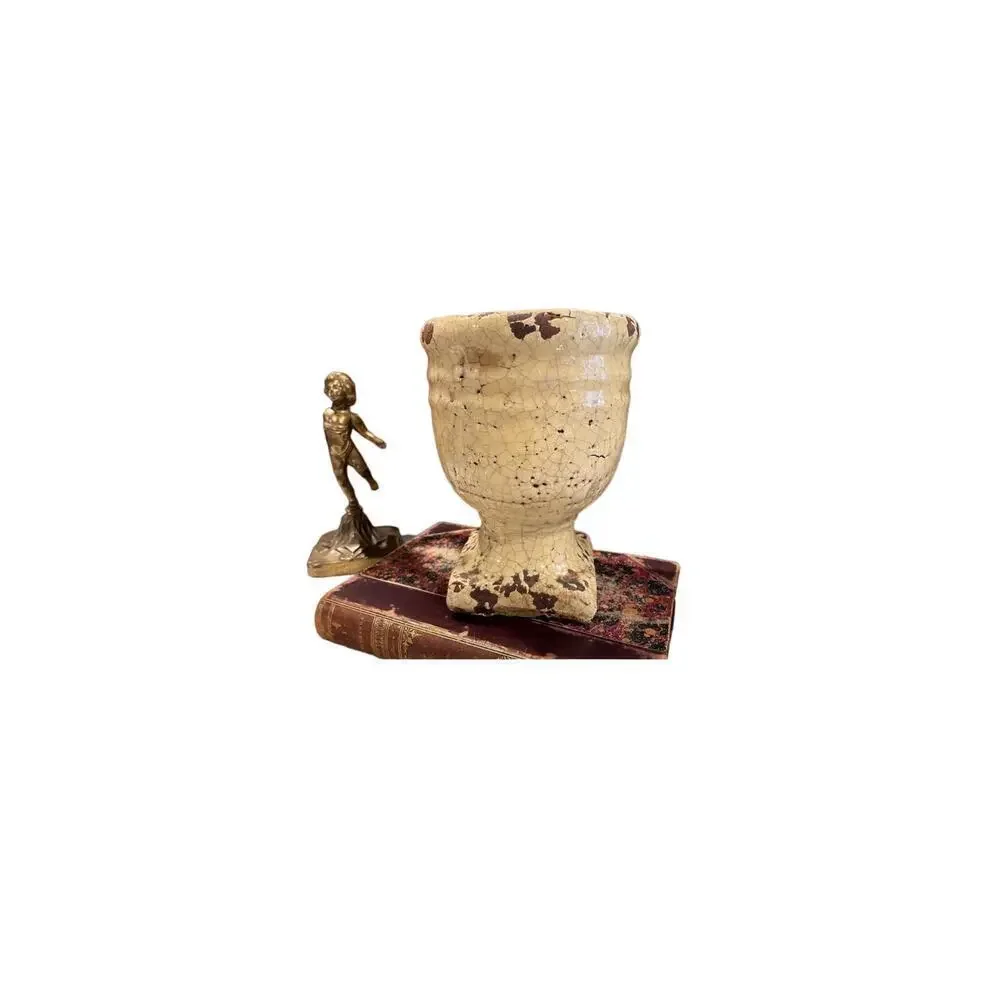 Rustic Terracotta Footed Cachepot with Raku Glaze in Muted Butter Color